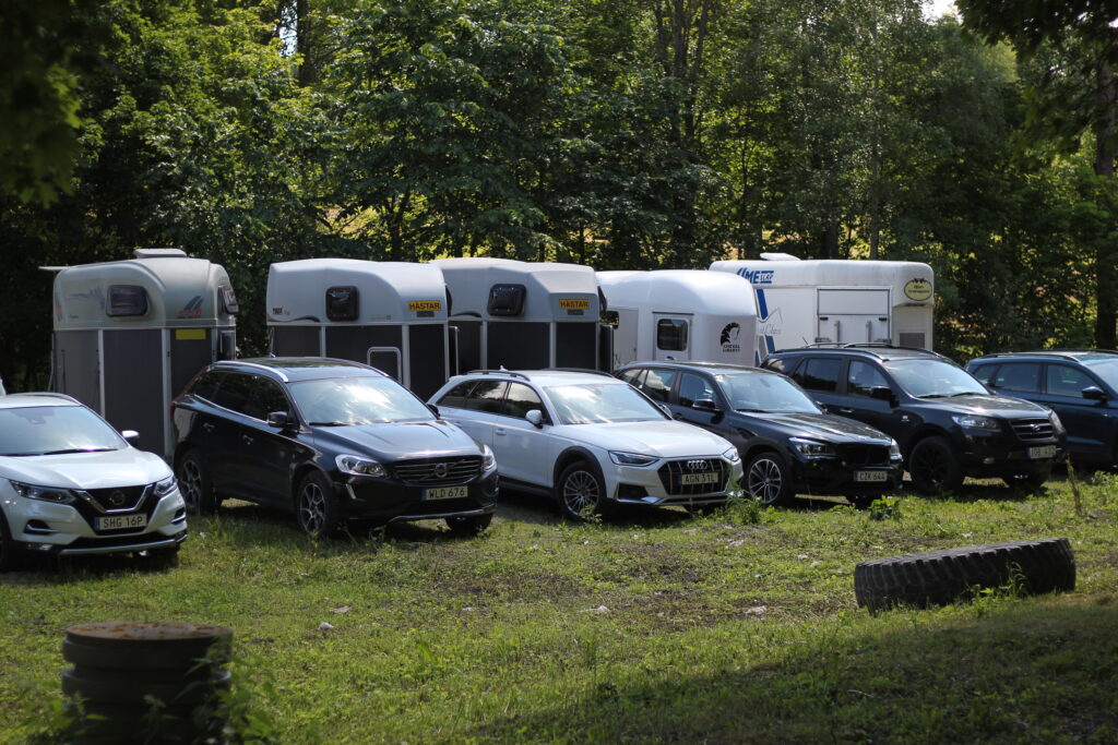 Bilar på rad med hästsläp.