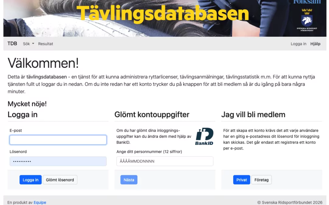 Inloggningssida för Tävlingsdatabasen inom ridsport