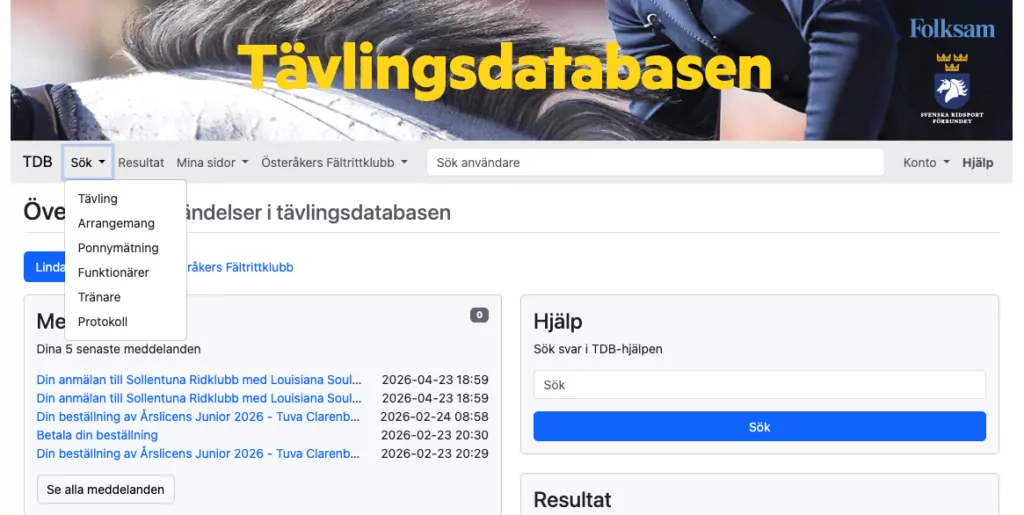 Skärmdump av Tävlingsdatabasen med öppen sökmeny