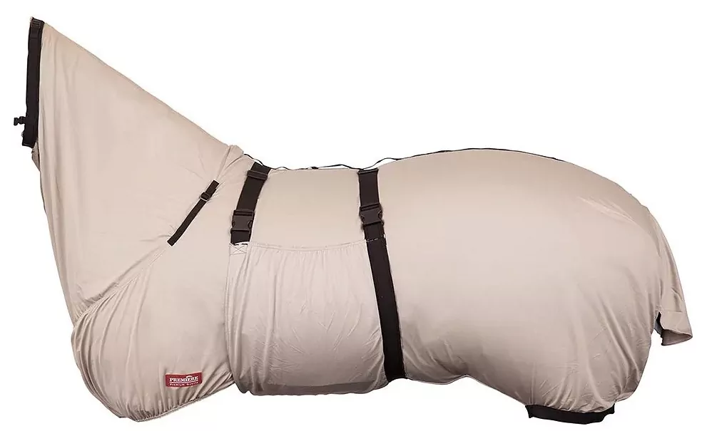 Beige heltäckande flugtäcke för häst med huva