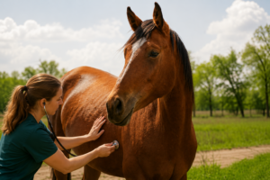 Veterinär undersöker brun häst med stetoskop utomhus